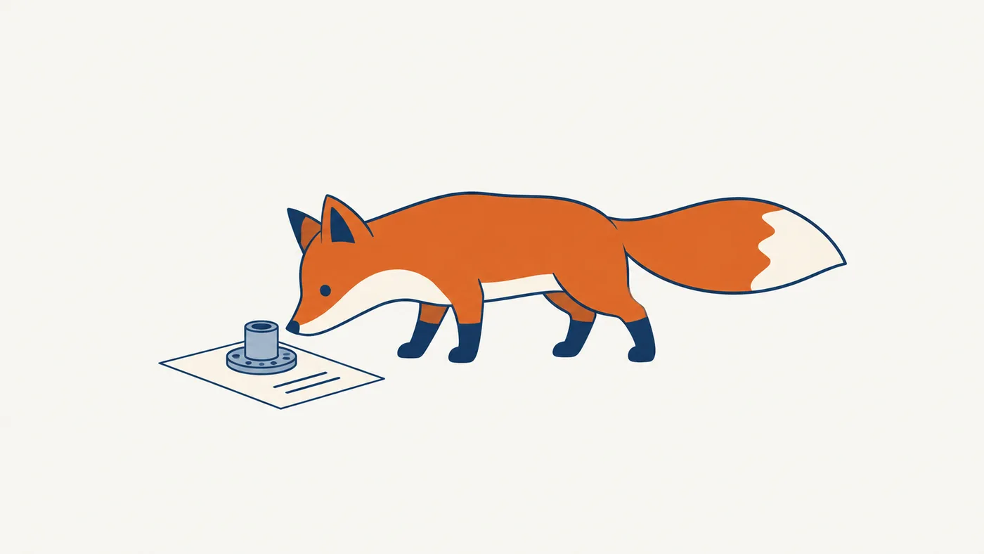 Scout, the procsim fox, inspecting a component sample on a supplier quote.