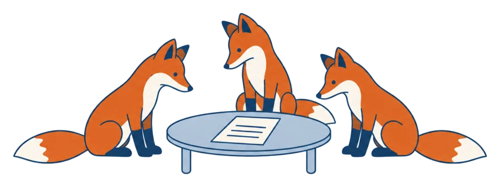 Three foxes sitting around a small round table with one quote sheet.